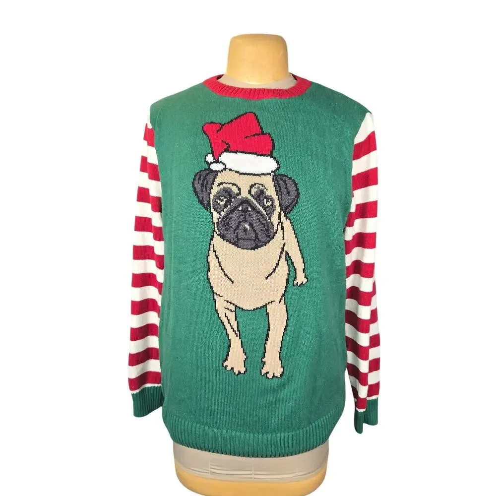 Ugly Christmas Sweater XL Pug Puppy Dog Santa‎ hat Green Striped Holiday Funny